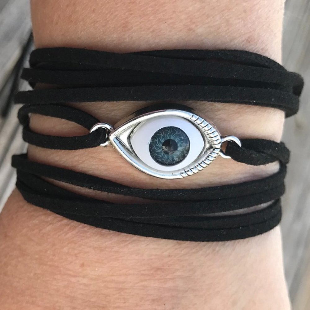 Tie Wrap Evil Eye Protection Silver Bracelet Cuff Yoga Boho Cord Bohemian Gift - Picture 5 of 11